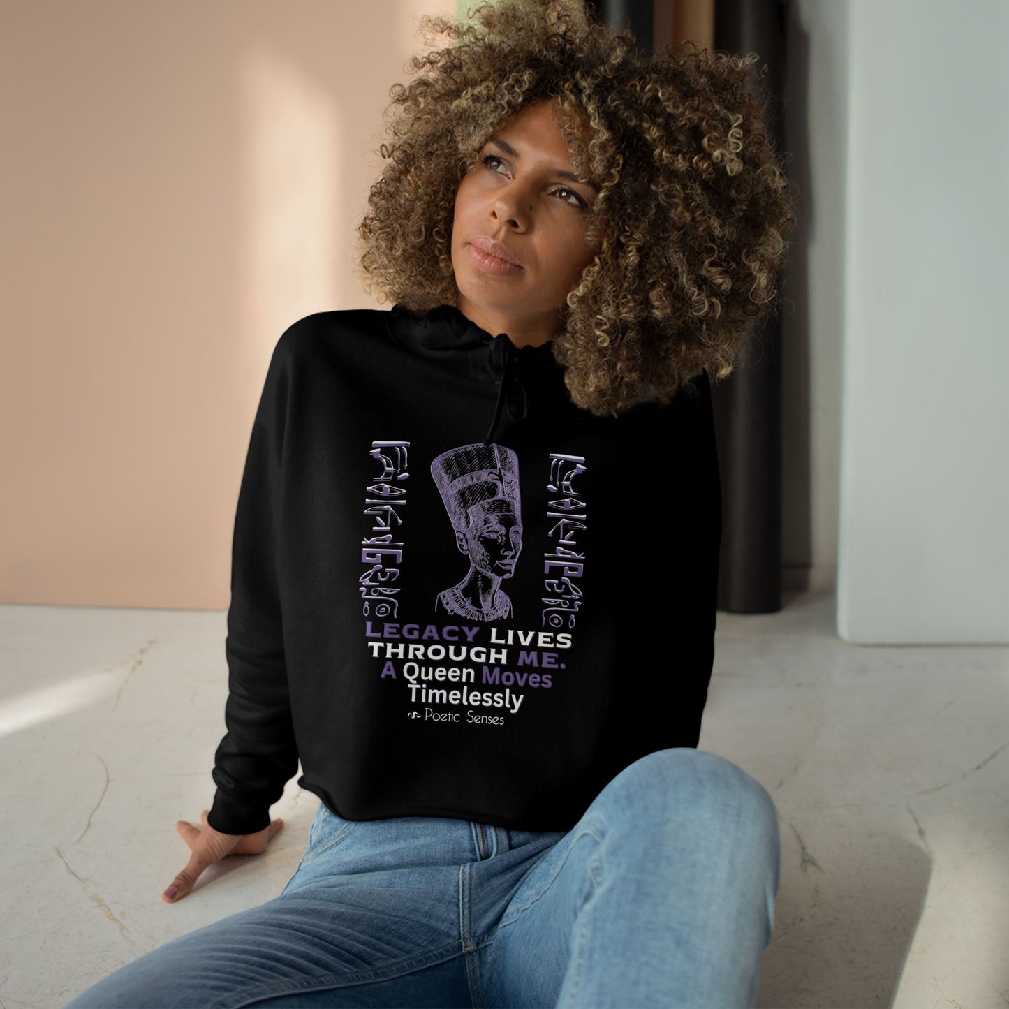 Queen Nefertiti Crop Hoodie — "Legacy Lives Through Me" Egyptian Goddess Graphic